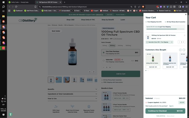 CBDistillery checkout page showing CBDistillery coupon code box | Screenshot taken by SimplyCodes community member on Aug 8, 2025
