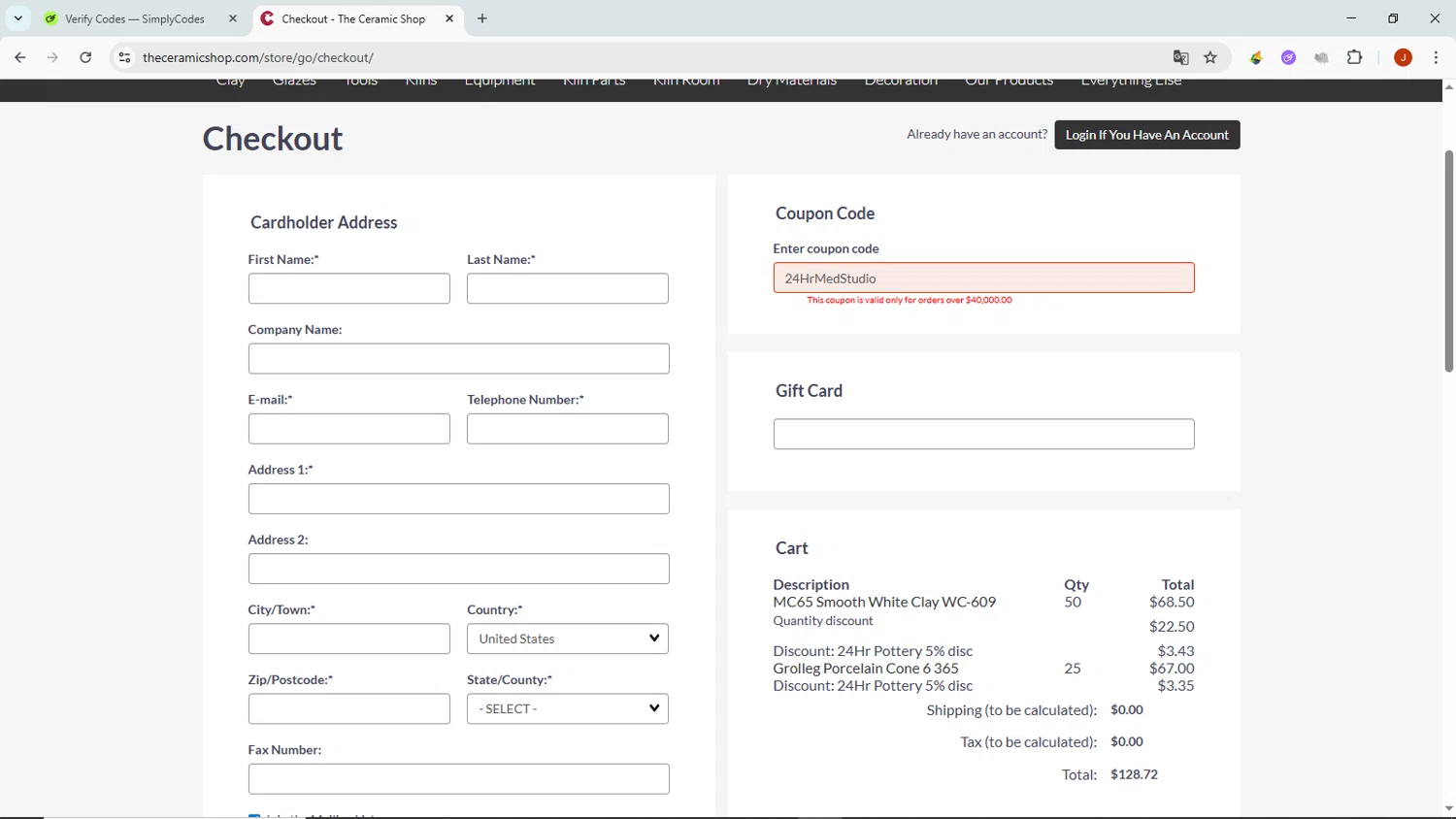 The Ceramic Shop coupon code screenshot showing code 24HrMedStudio applied at The Ceramic Shop checkout page. Uploaded by SimplyCodes community member NobleMaven802 on Aug 18, 2025