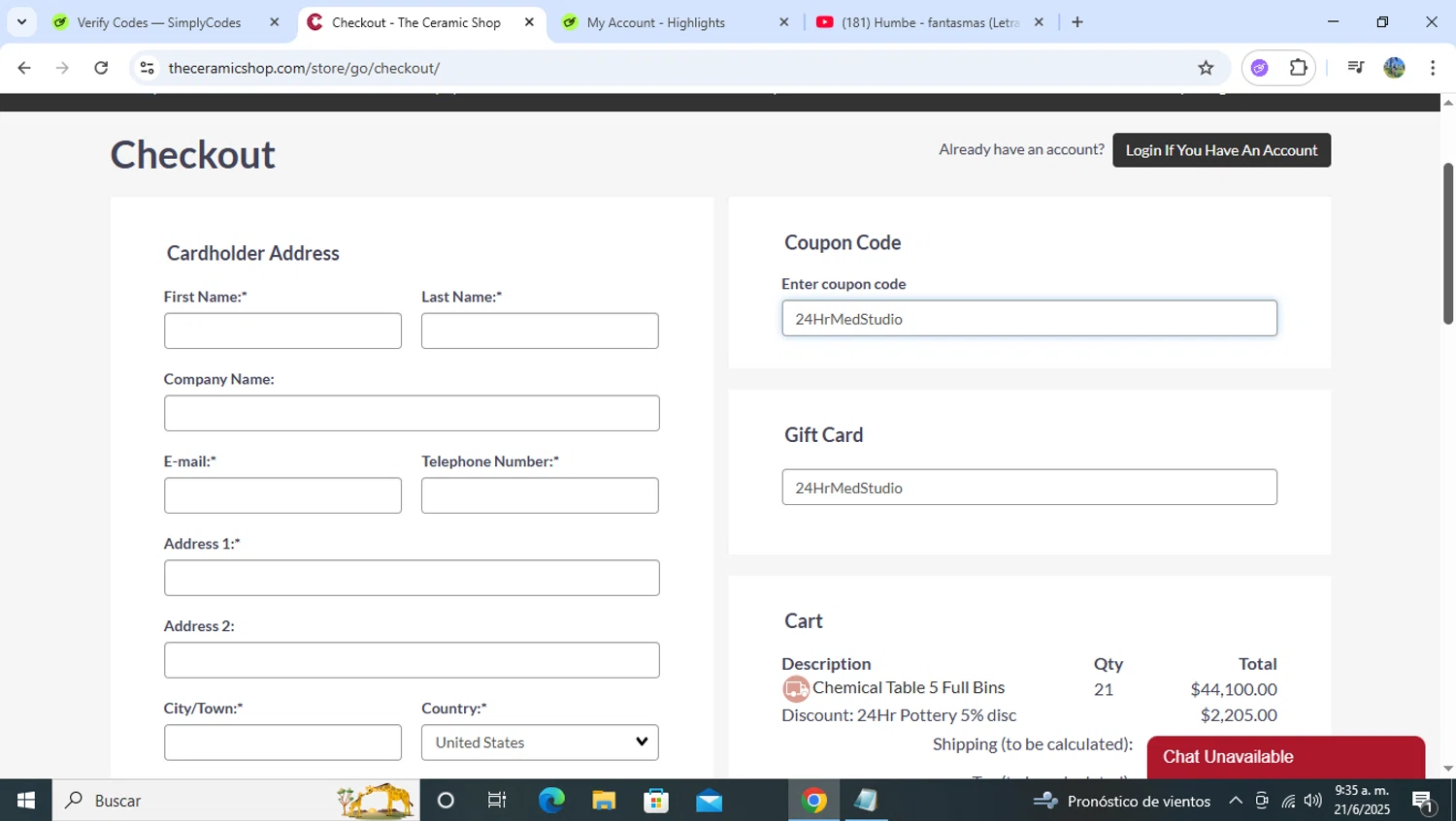 The Ceramic Shop coupon code screenshot showing code 24HrMedStudio applied at The Ceramic Shop checkout page. Uploaded by SimplyCodes community member RoyalHero6815 on Jun 21, 2025