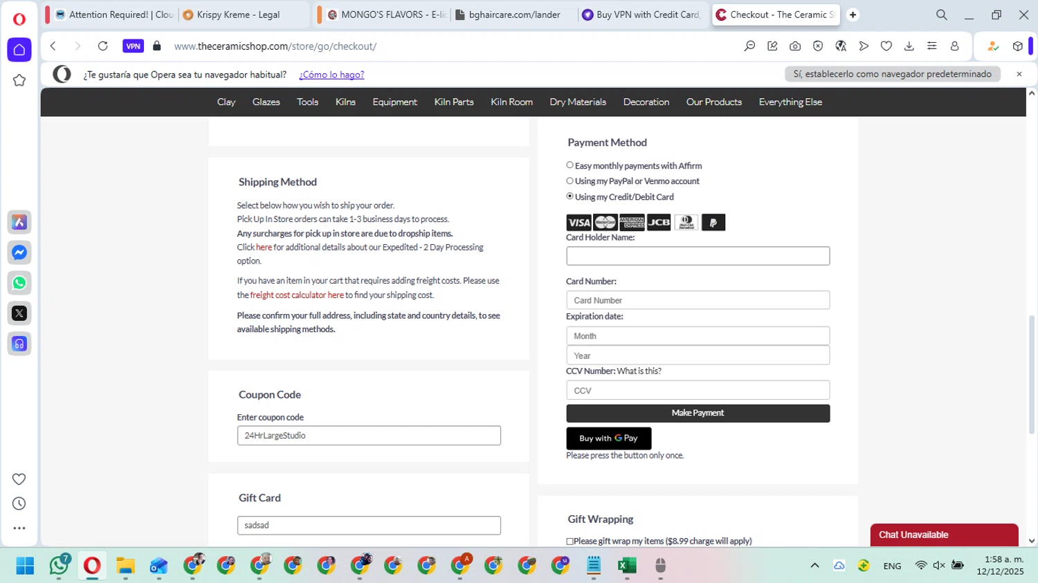 The Ceramic Shop checkout page showing The Ceramic Shop coupon code box | Screenshot taken by SimplyCodes community member on Dec 12, 2025