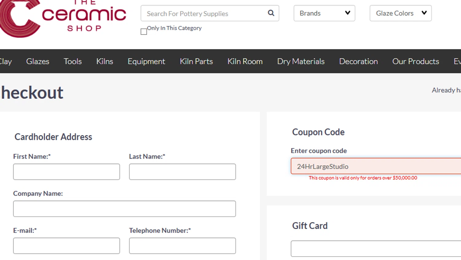 The Ceramic Shop coupon code screenshot showing code 24HrLargeStudio applied at The Ceramic Shop checkout page. Uploaded by SimplyCodes community member Dejadepicharme on Oct 22, 2025