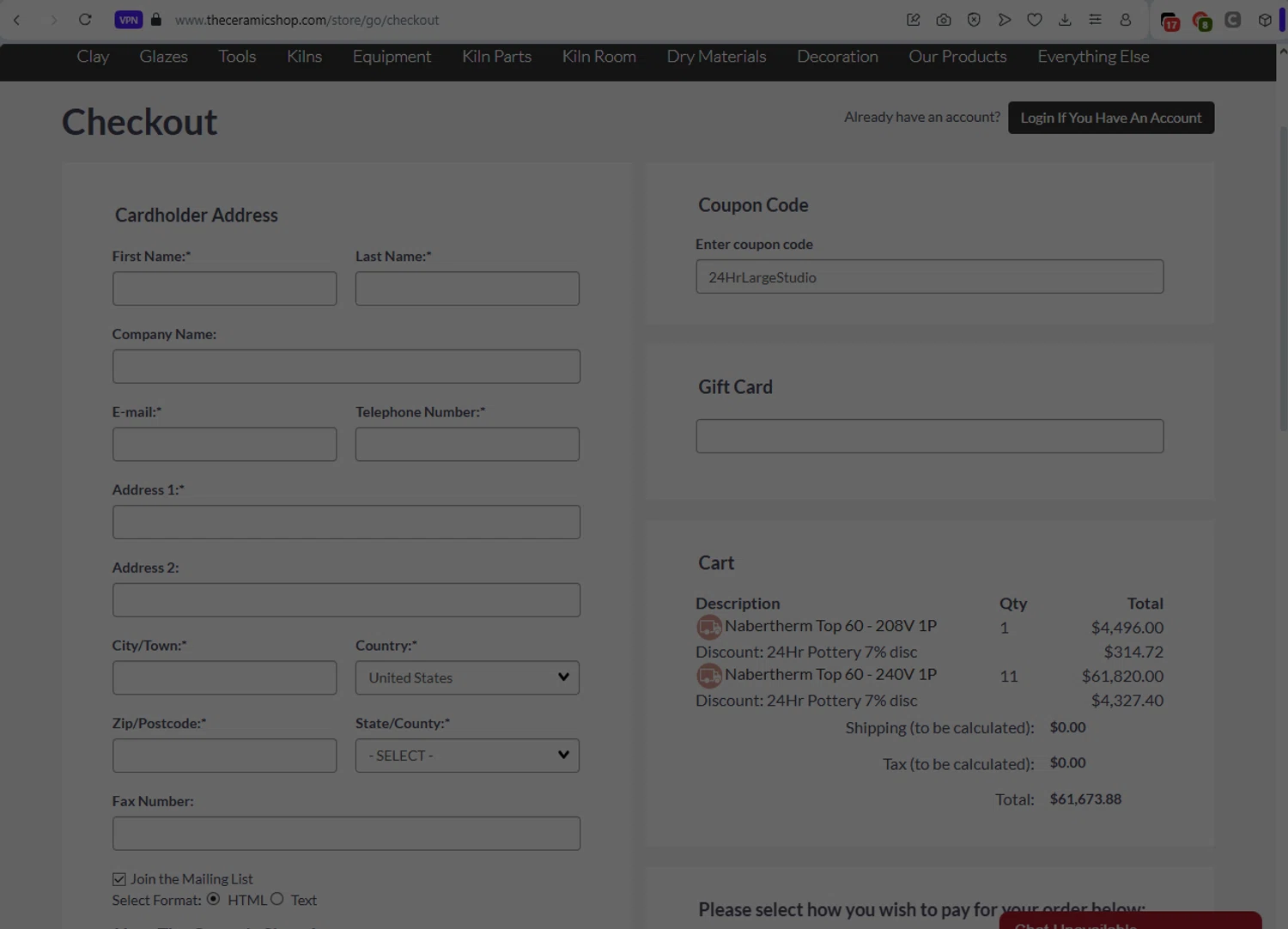 The Ceramic Shop coupon code screenshot showing code 24HrLargeStudio applied at The Ceramic Shop checkout page. Uploaded by SimplyCodes community member LukaModric on Aug 14, 2025
