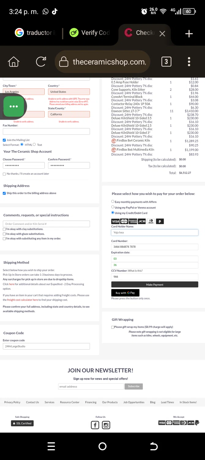 The Ceramic Shop coupon code screenshot showing code 24HrLargeStudio applied at The Ceramic Shop checkout page. Uploaded by SimplyCodes community member Carolisea on Sep 3, 2025