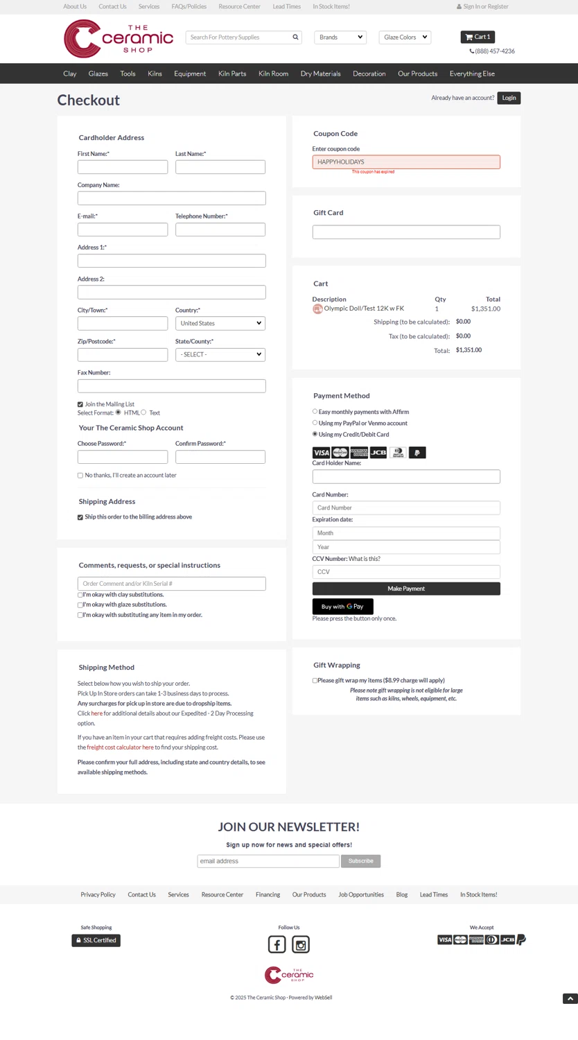 The Ceramic Shop coupon code screenshot showing code HAPPYHOLIDAYS applied at The Ceramic Shop checkout page. Uploaded by SimplyCodes community member Myrulesmagazine23 on Dec 2, 2025