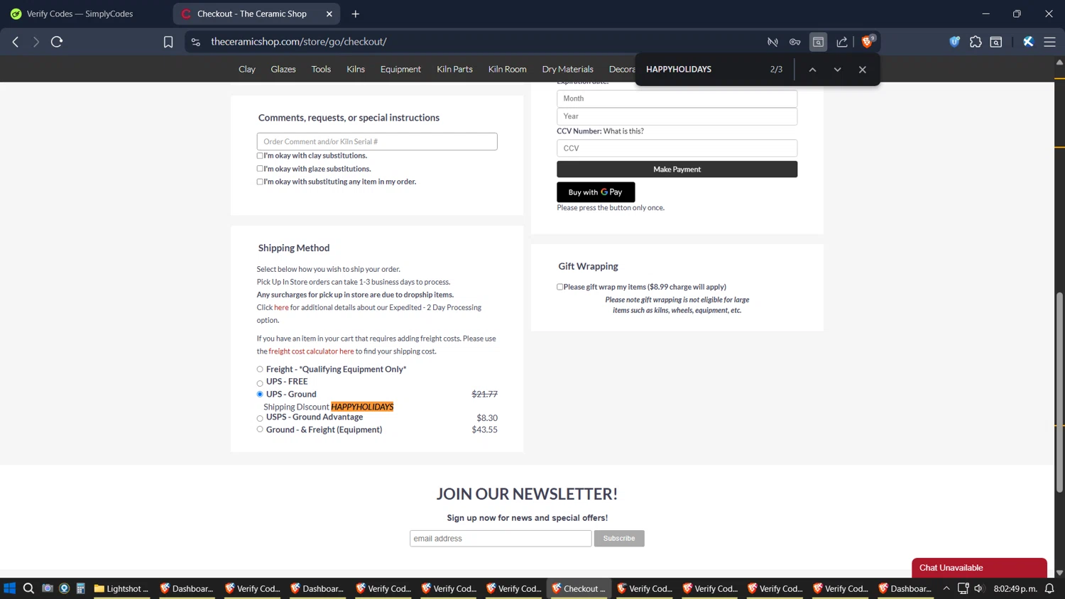 The Ceramic Shop coupon code screenshot showing code HAPPYHOLIDAYS applied at The Ceramic Shop checkout page. Uploaded by SimplyCodes community member jhordano on Nov 29, 2025