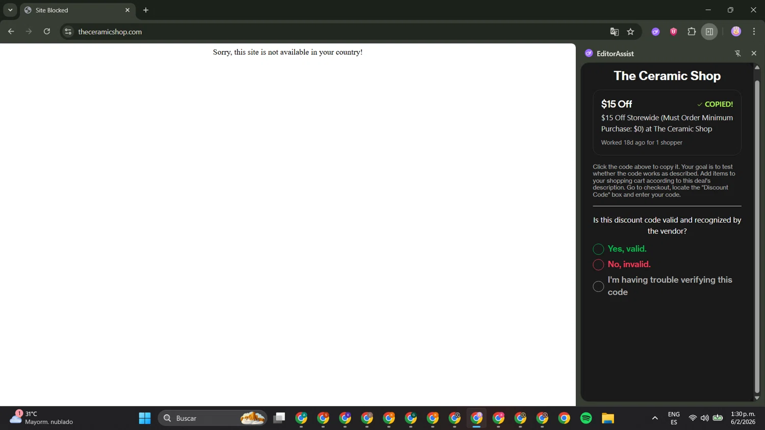 The Ceramic Shop coupon code screenshot showing code THANKYOU! applied at The Ceramic Shop checkout page. Uploaded by SimplyCodes community member CiegoEsmeet on Feb 6, 2026