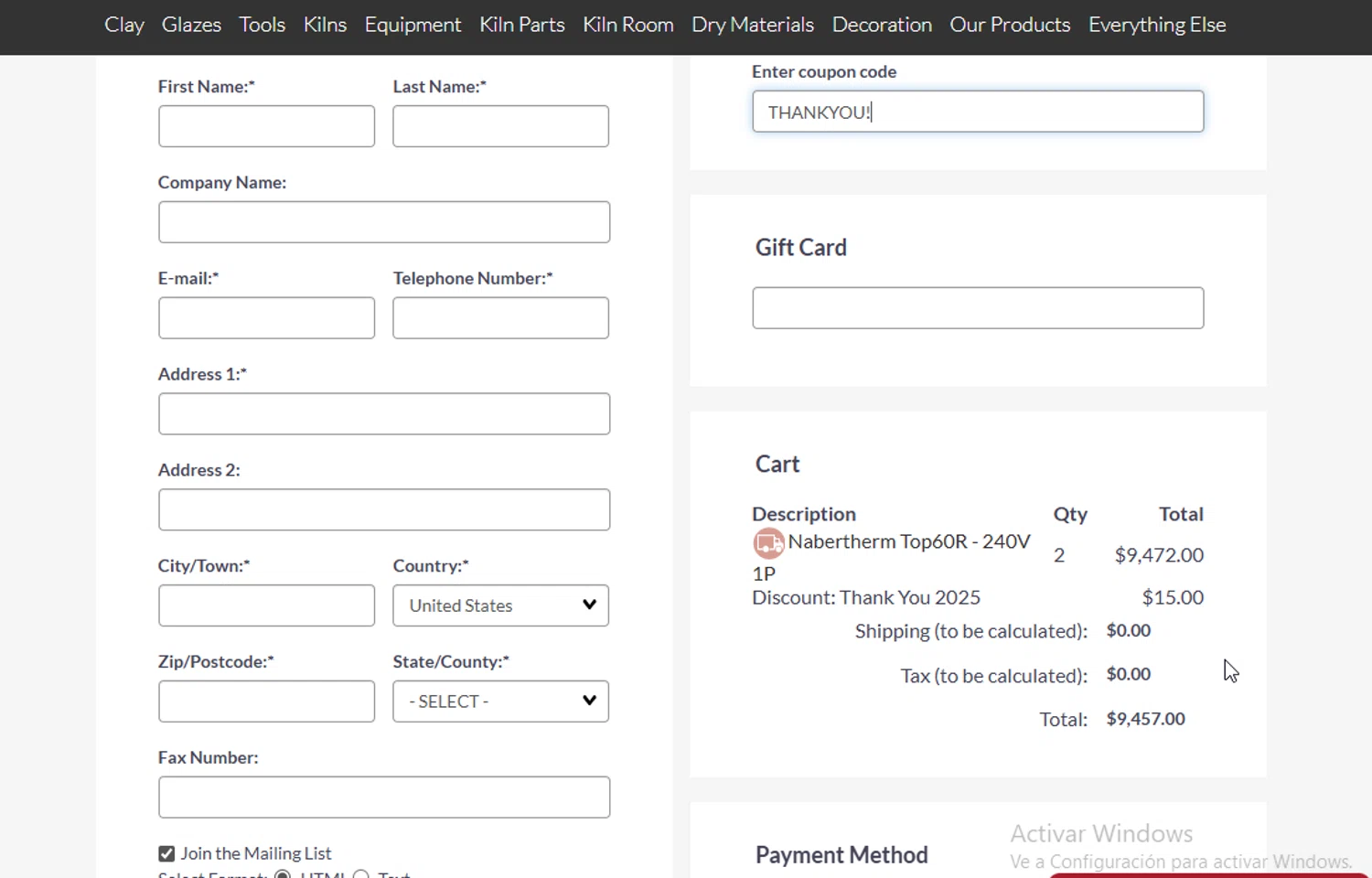 The Ceramic Shop coupon code screenshot showing code THANKYOU! applied at The Ceramic Shop checkout page. Uploaded by SimplyCodes community member ligthYA on Jan 19, 2026