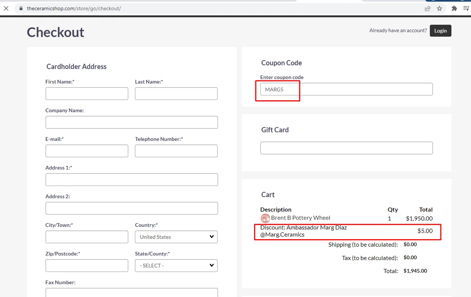 The Ceramic Shop coupon code screenshot showing code MARG5 applied at The Ceramic Shop checkout page. Uploaded by SimplyCodes community member nileskamarcano on Dec 11, 2025