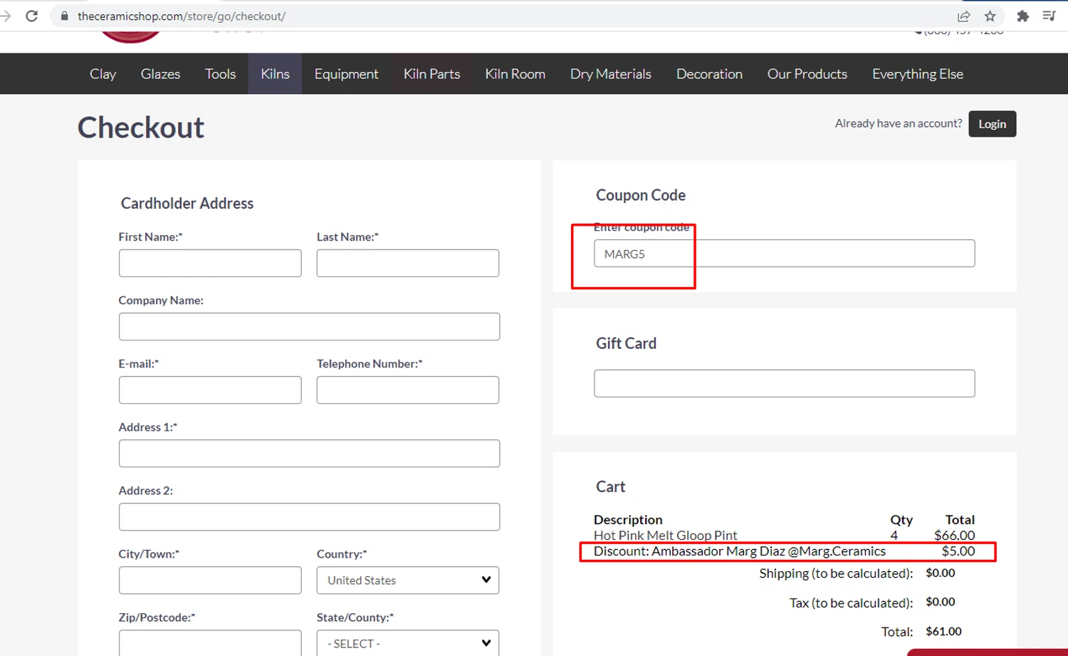 The Ceramic Shop coupon code screenshot showing code MARG5 applied at The Ceramic Shop checkout page. Uploaded by SimplyCodes community member nileskamarcano on Jan 5, 2026
