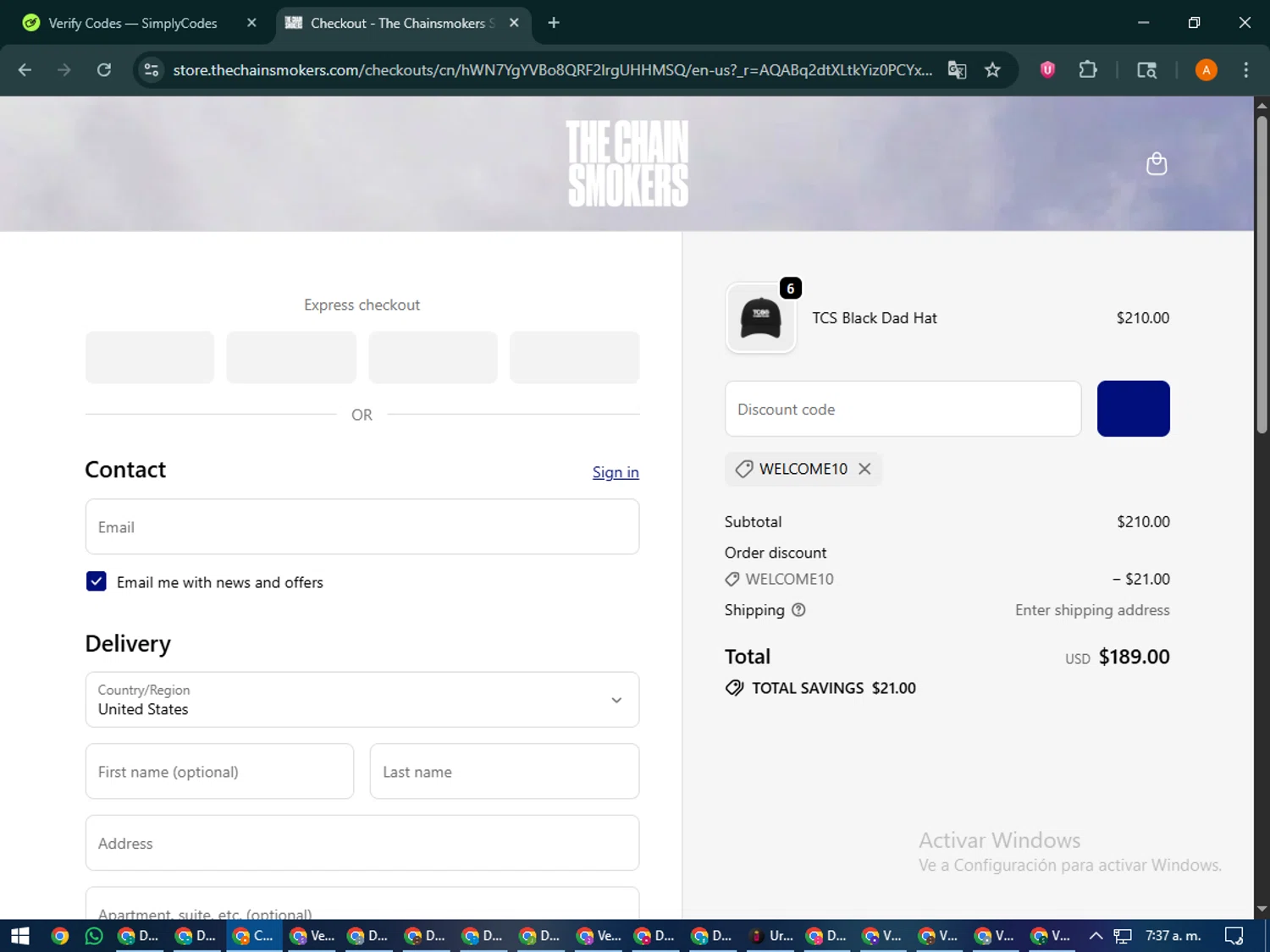 The Chainsmokers checkout page showing The Chainsmokers promo code box | Screenshot taken by SimplyCodes community member on Jan 13, 2026