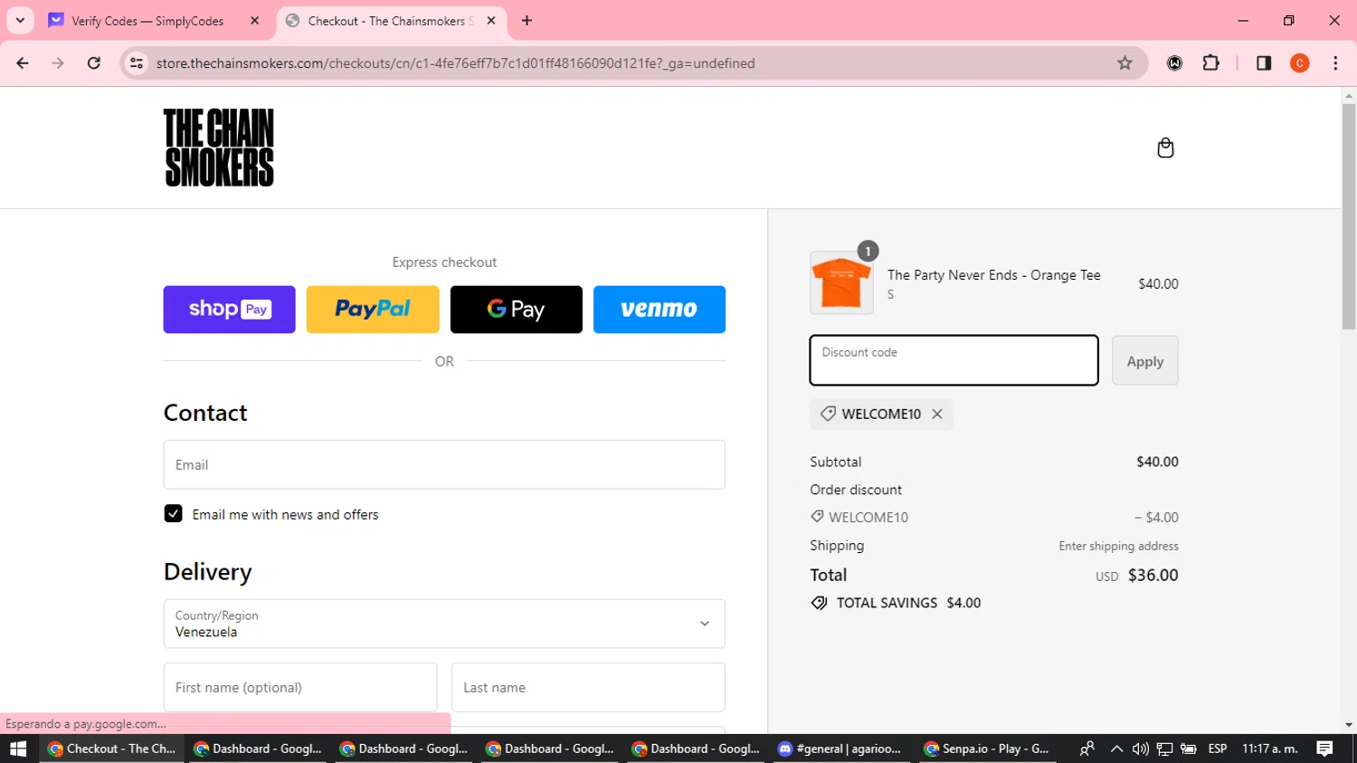 The Chainsmokers checkout page showing The Chainsmokers promo code box | Screenshot taken by SimplyCodes community member on Jan 20, 2024