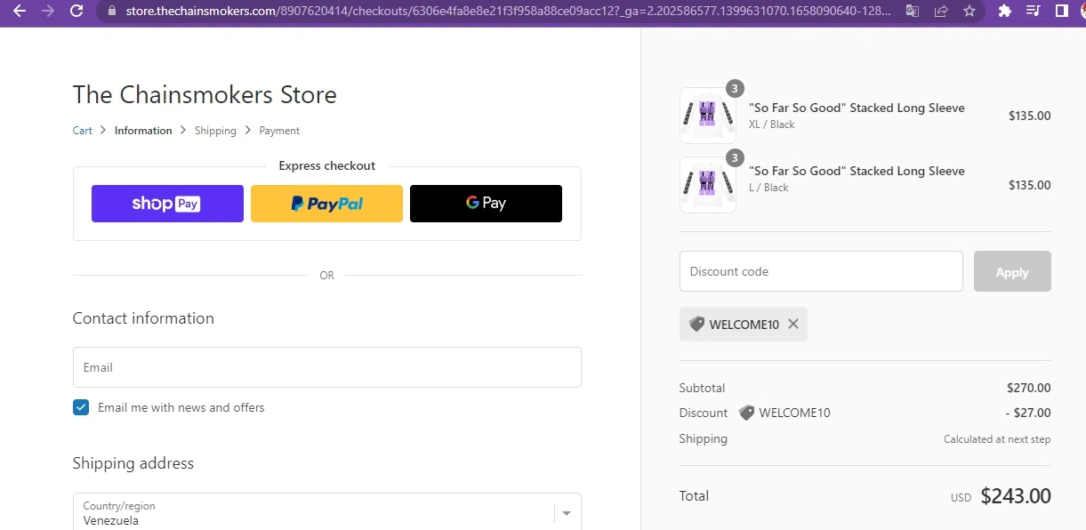The Chainsmokers checkout page showing The Chainsmokers promo code box | Screenshot taken by SimplyCodes community member on Jul 17, 2022