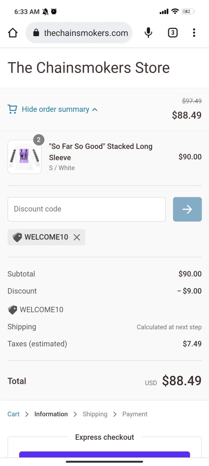 The Chainsmokers checkout page showing The Chainsmokers promo code box | Screenshot taken by SimplyCodes community member on Aug 15, 2022