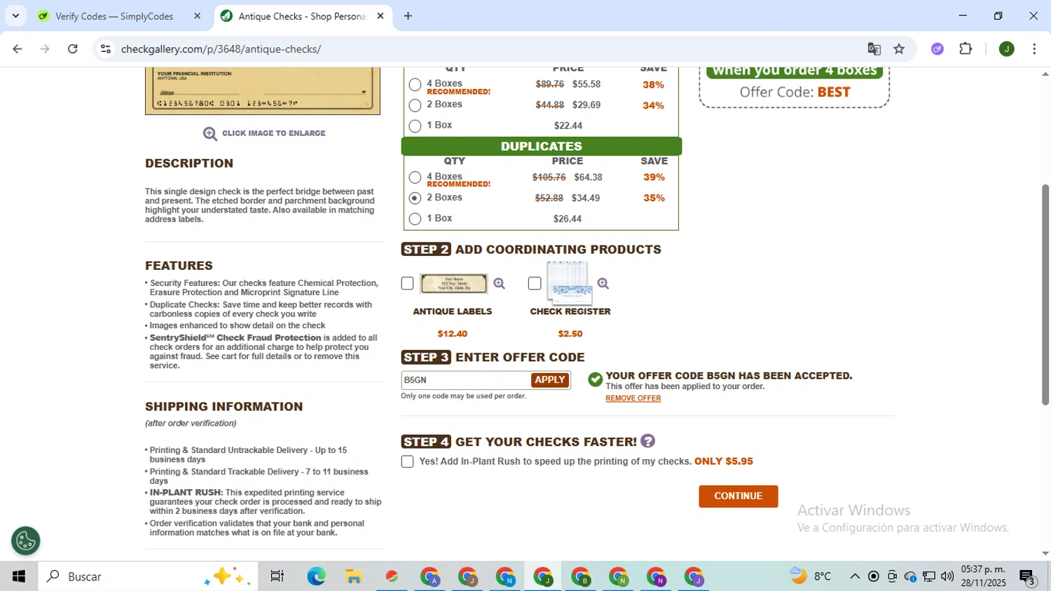 The Check Gallery promo code screenshot showing code B5GN applied at The Check Gallery checkout page. Uploaded by SimplyCodes community member CleverSeeker3529 on Nov 28, 2025