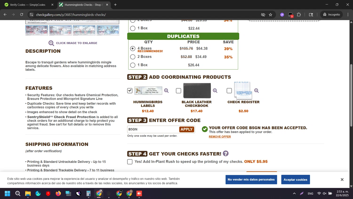 The Check Gallery promo code screenshot showing code B5GN applied at The Check Gallery checkout page. Uploaded by SimplyCodes community member QueTeImporta on Jun 22, 2025