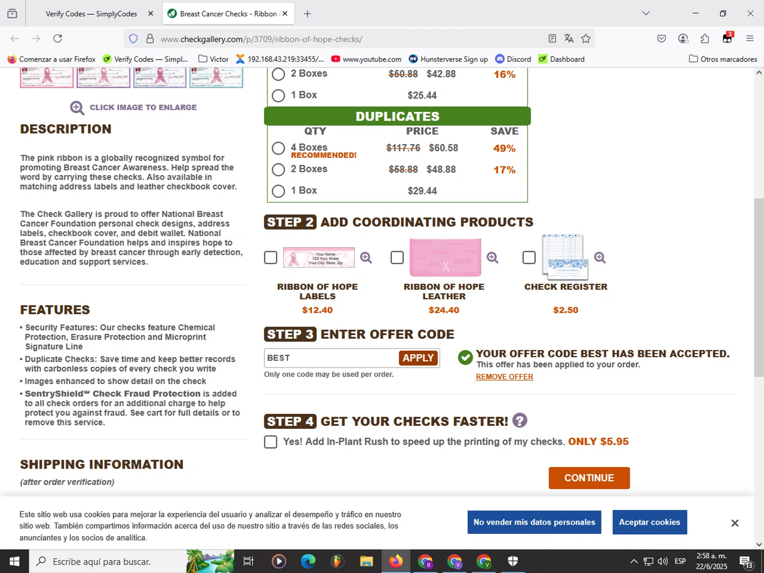 The Check Gallery promo code screenshot showing code BEST applied at The Check Gallery checkout page. Uploaded by SimplyCodes community member Garou_Y2K on Jun 22, 2025