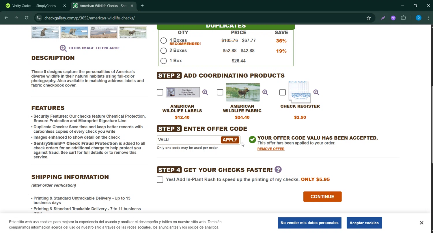 The Check Gallery promo code screenshot showing code VALU applied at The Check Gallery checkout page. Uploaded by SimplyCodes community member CodeScholar4340 on Jun 8, 2025