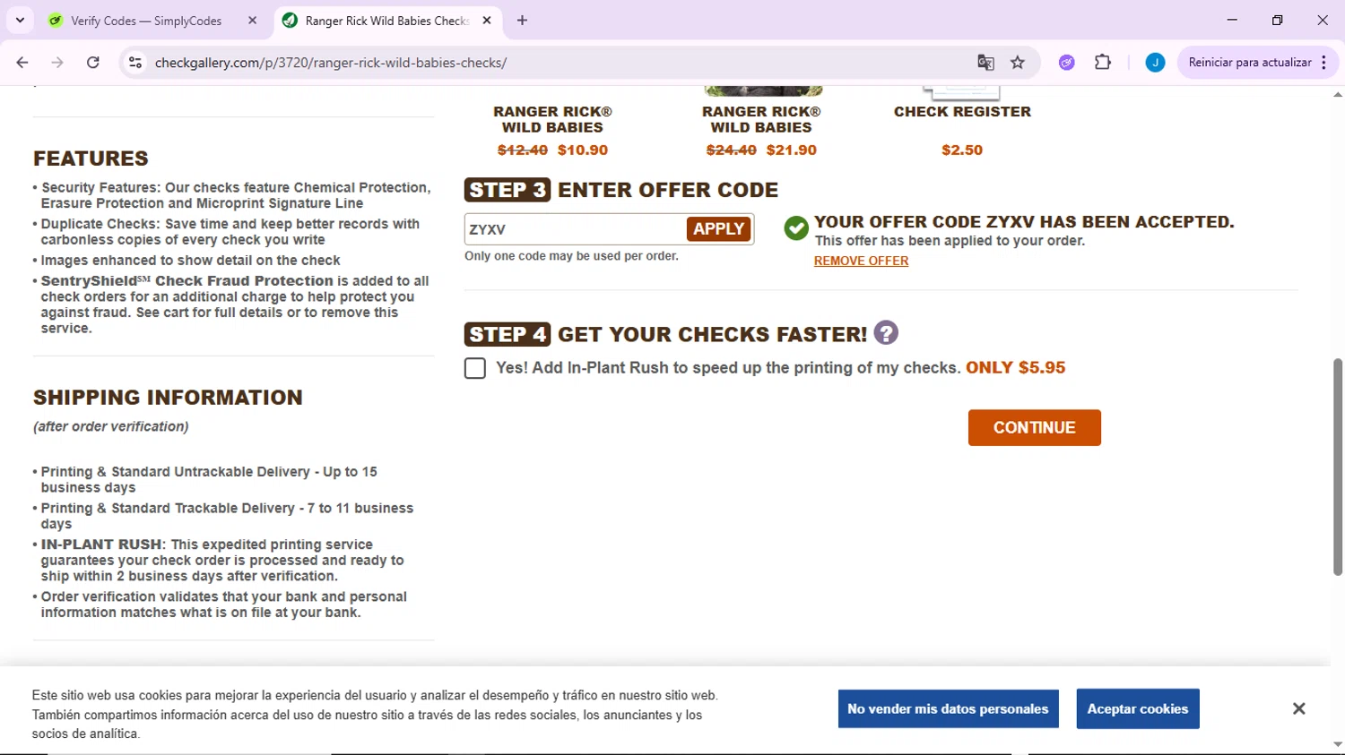 The Check Gallery promo code screenshot showing code ZYXV applied at The Check Gallery checkout page. Uploaded by SimplyCodes community member CodeLynx3161 on Jun 15, 2025
