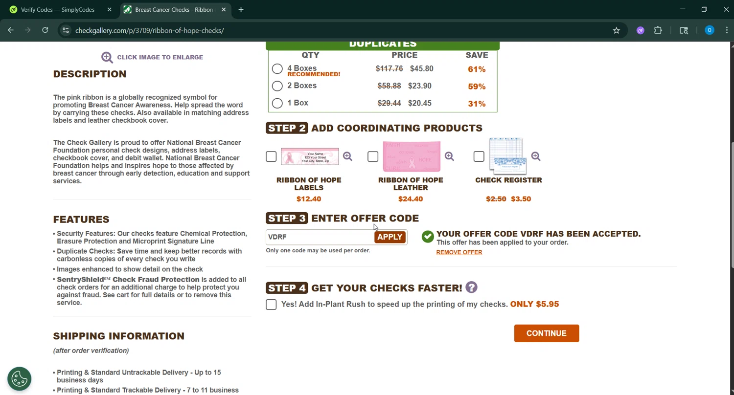 The Check Gallery promo code screenshot showing code VDRF applied at The Check Gallery checkout page. Uploaded by SimplyCodes community member RoyalSage9159 on Jun 8, 2025