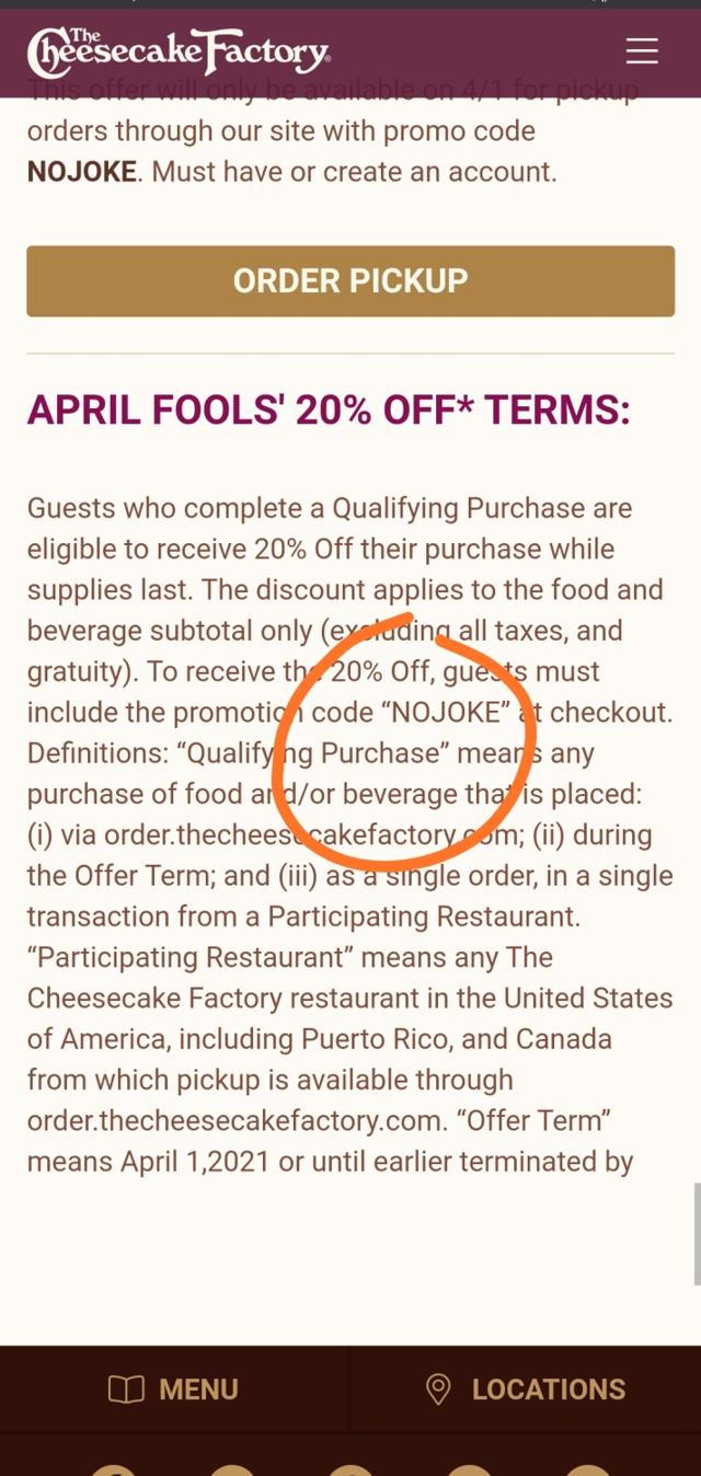 The Cheesecake Factory checkout page showing The Cheesecake Factory promo code box | Screenshot taken by SimplyCodes community member on May 14, 2021