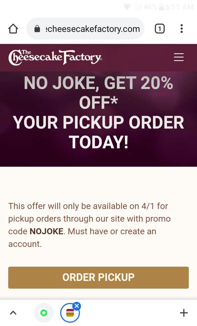 The Cheesecake Factory checkout page showing The Cheesecake Factory promo code box | Screenshot taken by SimplyCodes community member on Apr 25, 2021
