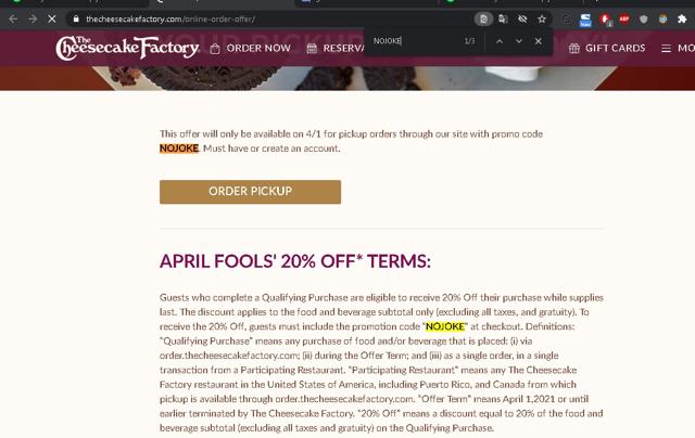 The Cheesecake Factory checkout page showing The Cheesecake Factory promo code box | Screenshot taken by SimplyCodes community member on May 8, 2021
