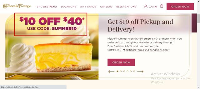 The Cheesecake Factory checkout page showing The Cheesecake Factory promo code box | Screenshot taken by SimplyCodes community member on Jun 22, 2022