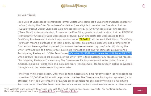The Cheesecake Factory checkout page showing The Cheesecake Factory promo code box | Screenshot taken by SimplyCodes community member on Oct 27, 2022