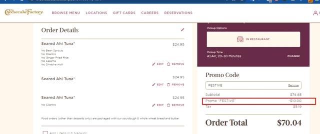 The Cheesecake Factory checkout page showing The Cheesecake Factory promo code box | Screenshot taken by SimplyCodes community member on Dec 5, 2022