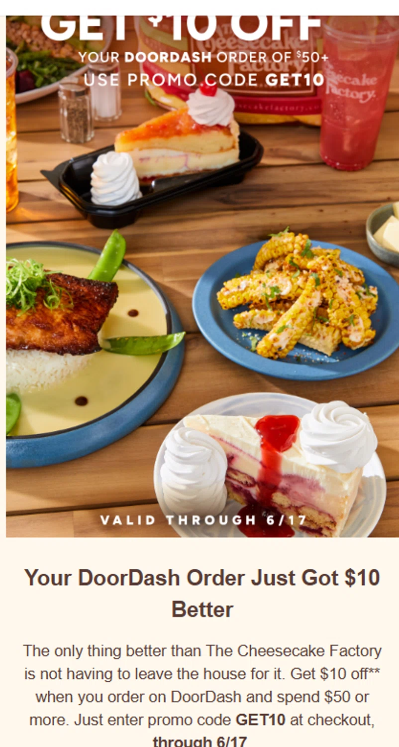 The Cheesecake Factory promo code screenshot showing code GET10 applied at The Cheesecake Factory checkout page. Uploaded by SimplyCodes community member valeriaantonieta on Jun 11, 2026