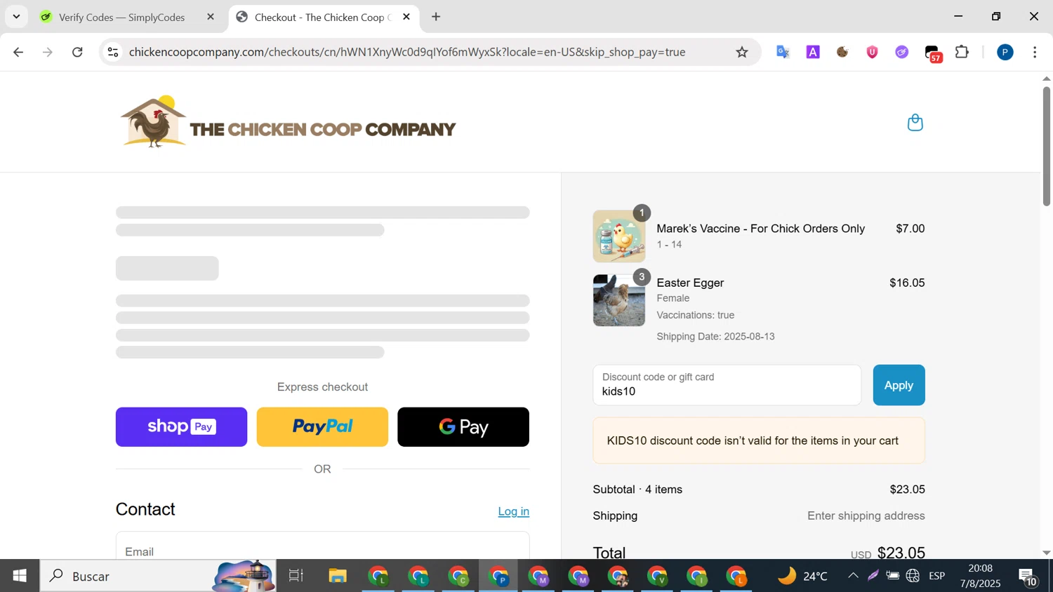 The Chicken Coop Company discount code screenshot showing code kids10 applied at The Chicken Coop Company checkout page. Uploaded by SimplyCodes community member BrilliantMaven4588 on Aug 8, 2025