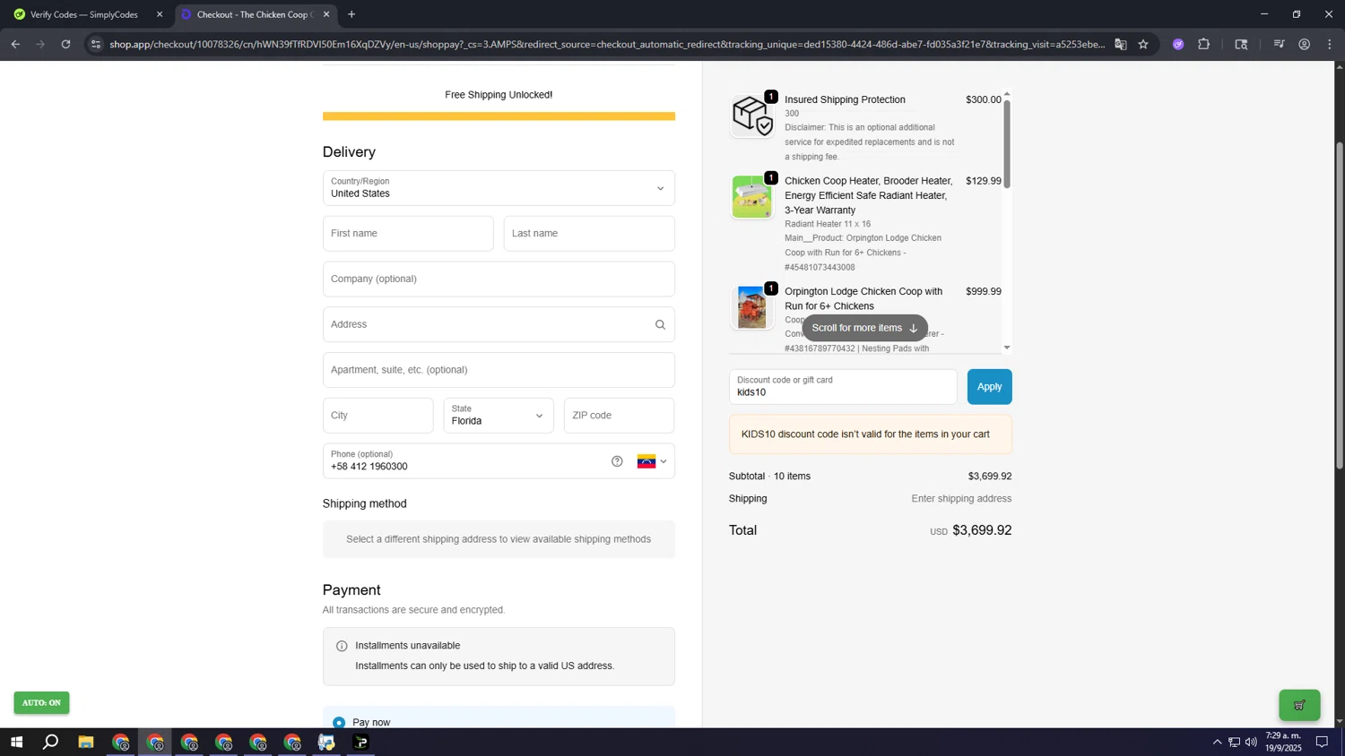 The Chicken Coop Company discount code screenshot showing code kids10 applied at The Chicken Coop Company checkout page. Uploaded by SimplyCodes community member ooooooooooooooooooo on Sep 19, 2025