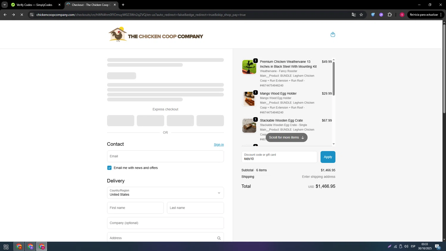 The Chicken Coop Company discount code screenshot showing code kids10 applied at The Chicken Coop Company checkout page. Uploaded by SimplyCodes community member 789456 on Oct 30, 2025