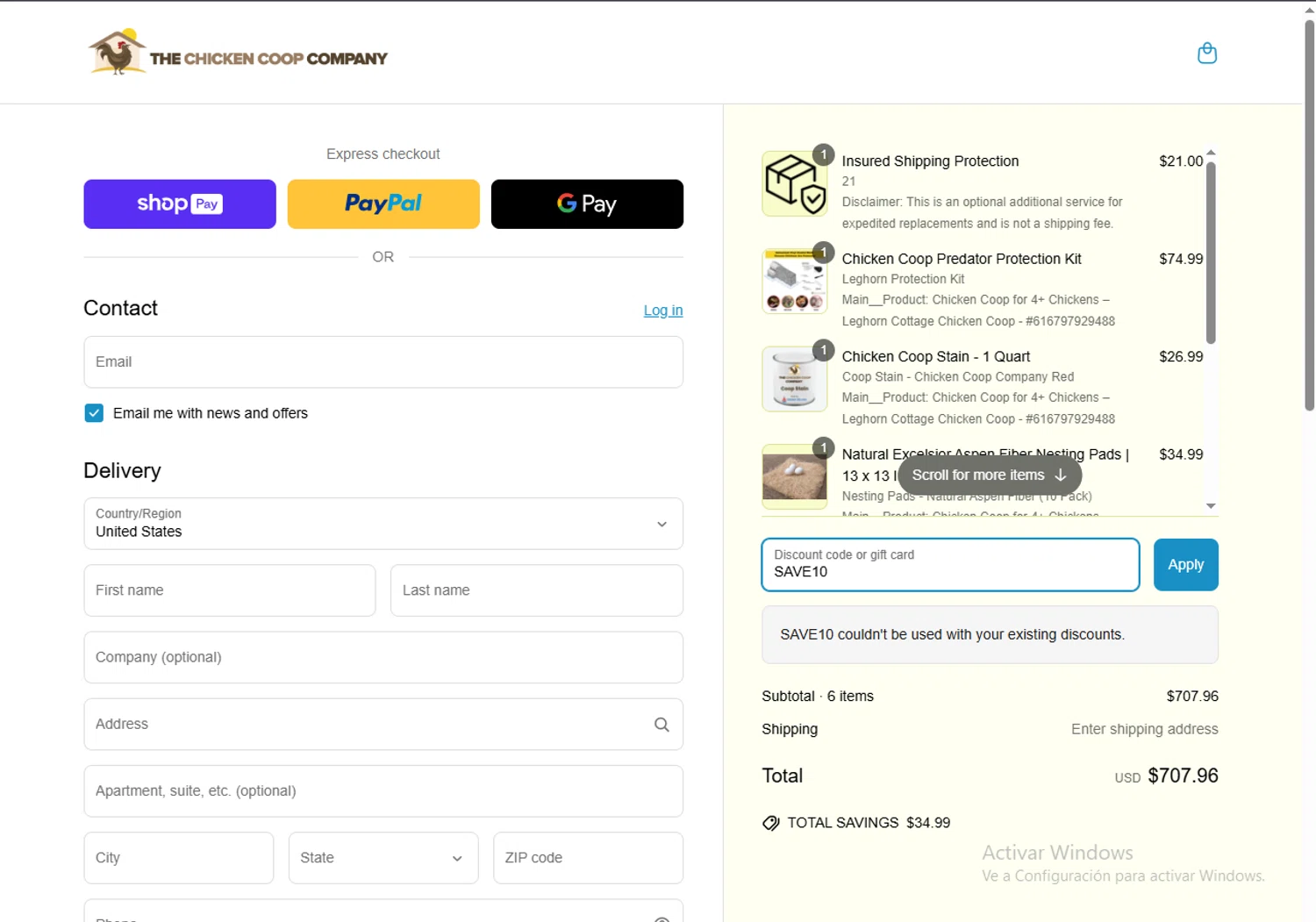 The Chicken Coop Company discount code screenshot showing code SAVE10 applied at The Chicken Coop Company checkout page. Uploaded by SimplyCodes community member SwiftCurator5517 on Mar 20, 2025