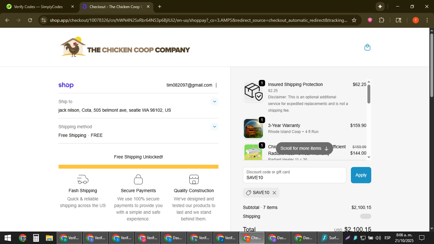 The Chicken Coop Company discount code screenshot showing code SAVE10 applied at The Chicken Coop Company checkout page. Uploaded by SimplyCodes community member ShrewdAce8338 on Oct 21, 2025