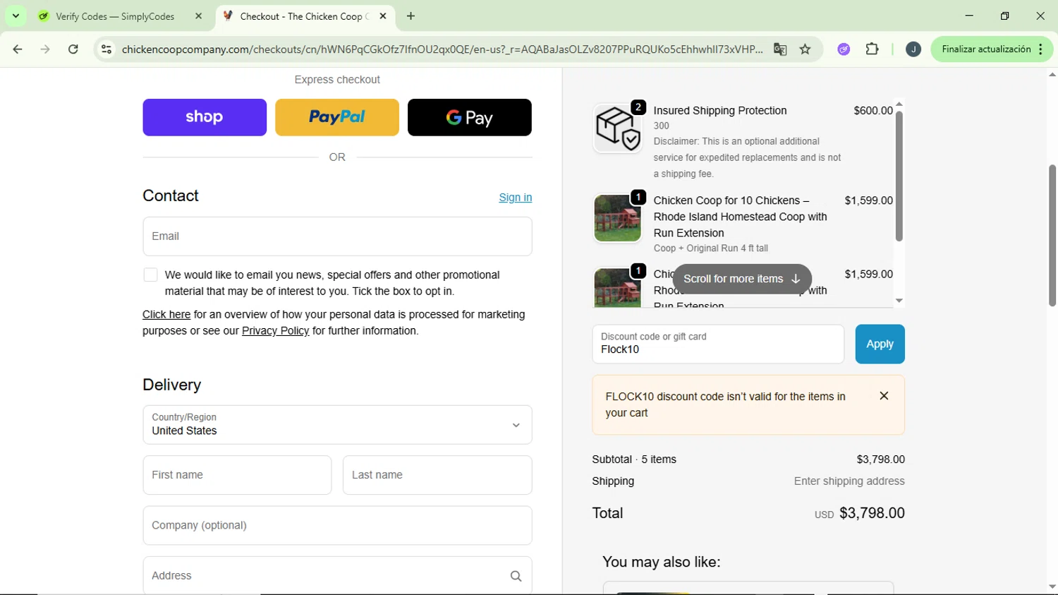 The Chicken Coop Company discount code screenshot showing code Flock10 applied at The Chicken Coop Company checkout page. Uploaded by SimplyCodes community member GloriousCollector9930 on Dec 14, 2025