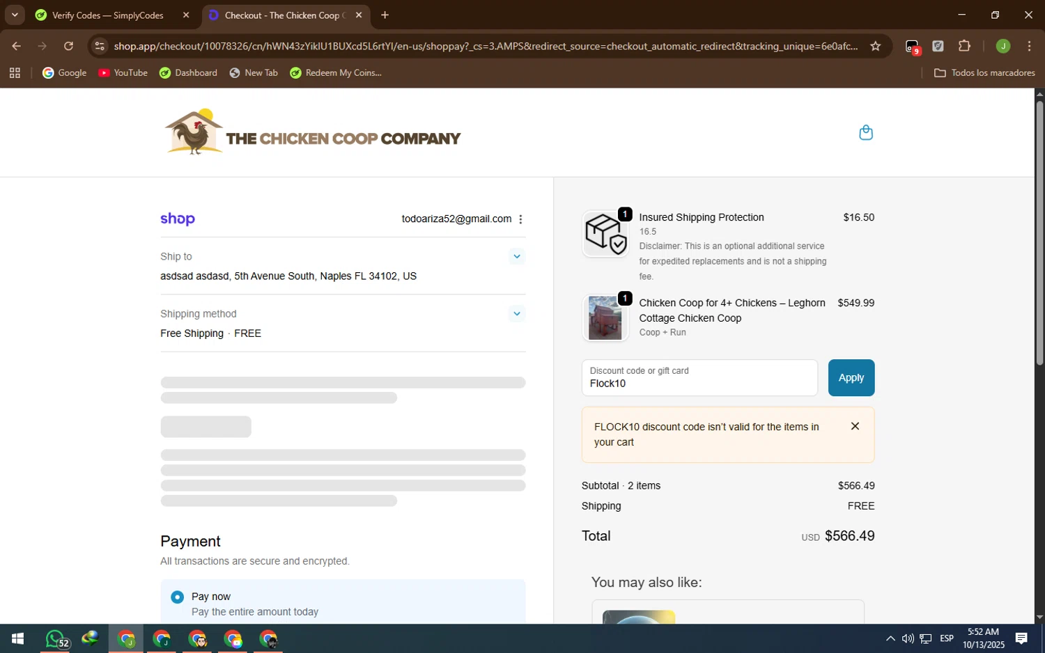 The Chicken Coop Company discount code screenshot showing code Flock10 applied at The Chicken Coop Company checkout page. Uploaded by SimplyCodes community member QueTeImporta on Oct 13, 2025