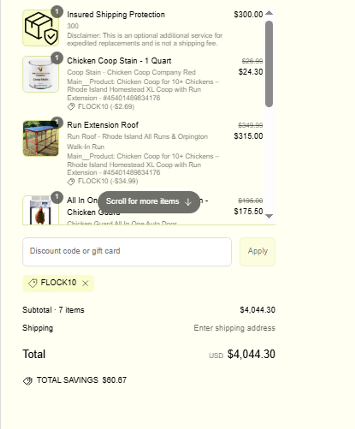 The Chicken Coop Company discount code screenshot showing code Flock10 applied at The Chicken Coop Company checkout page. Uploaded by SimplyCodes community member Toundjiale on Mar 12, 2025