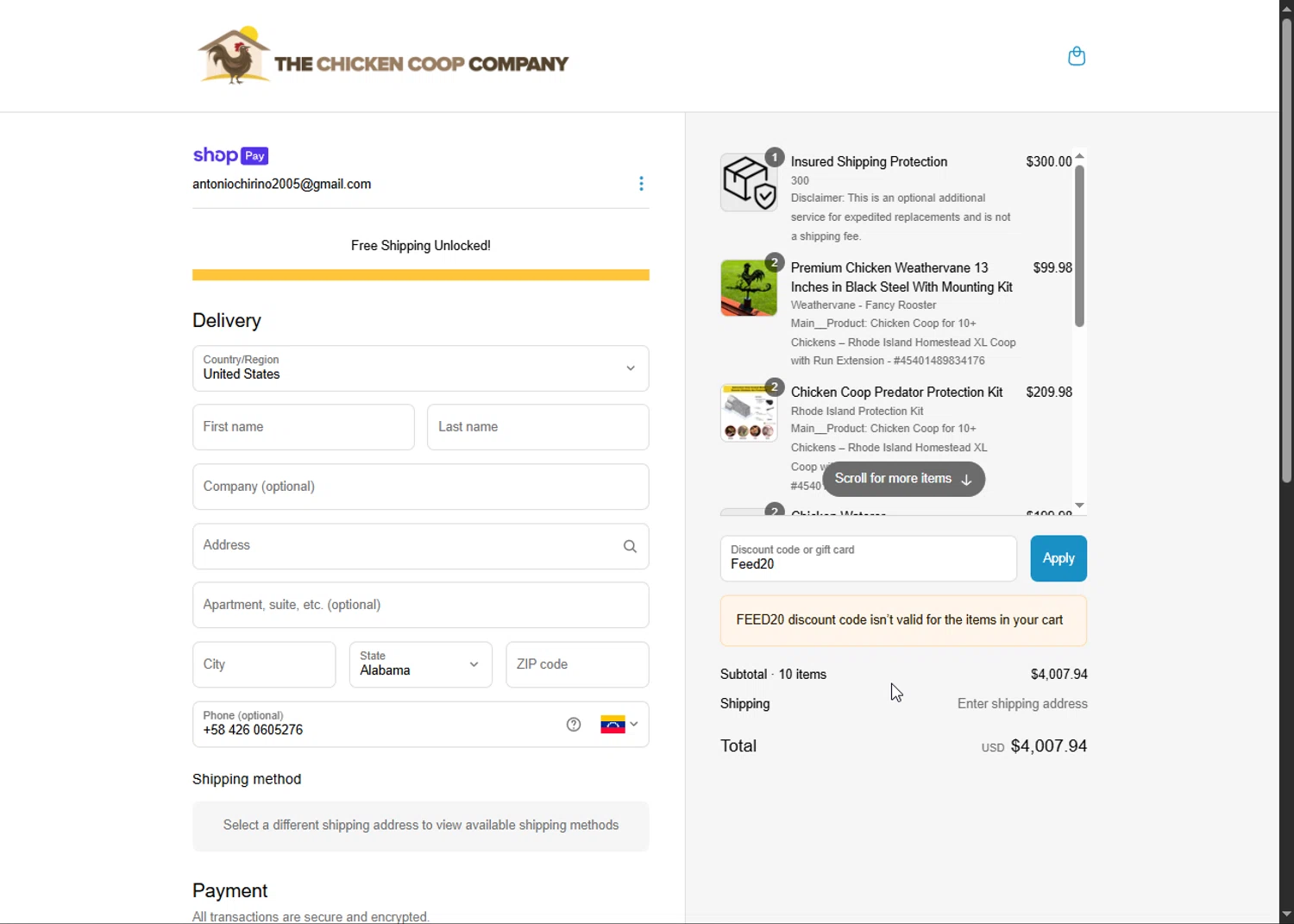 The Chicken Coop Company discount code screenshot showing code Feed20 applied at The Chicken Coop Company checkout page. Uploaded by SimplyCodes community member Hei201 on Jun 30, 2025