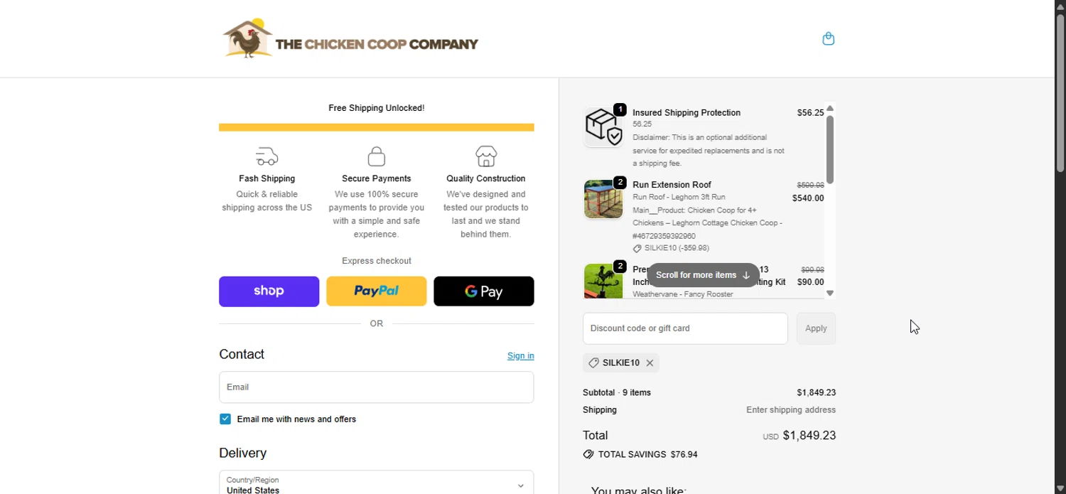 The Chicken Coop Company discount code screenshot showing code silkie10 applied at The Chicken Coop Company checkout page. Uploaded by SimplyCodes community member Bendito on Oct 13, 2025