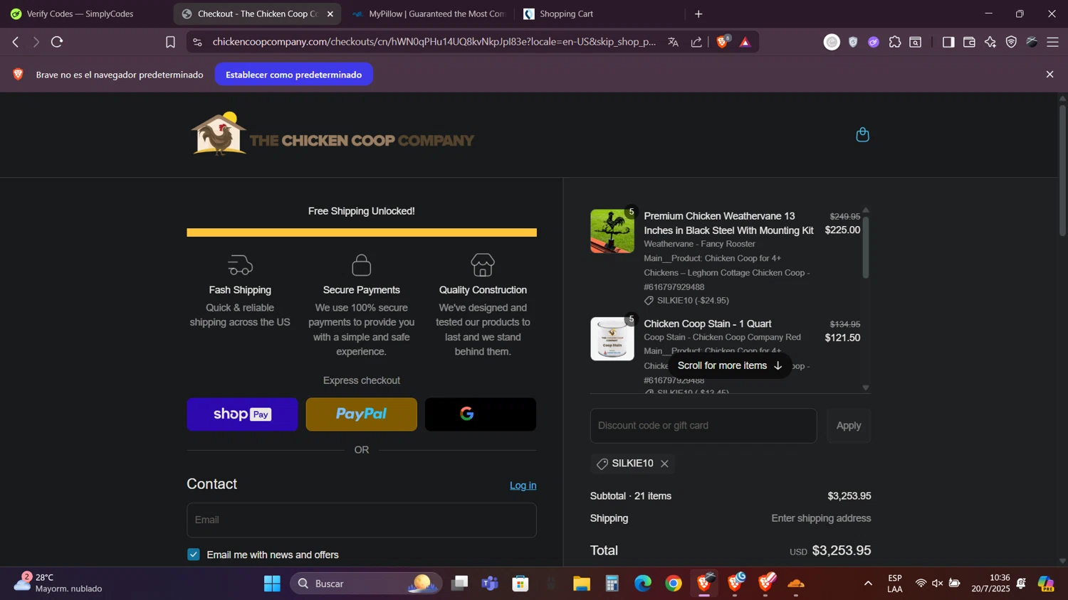 The Chicken Coop Company discount code screenshot showing code silkie10 applied at The Chicken Coop Company checkout page. Uploaded by SimplyCodes community member Caraxes on Jul 20, 2025
