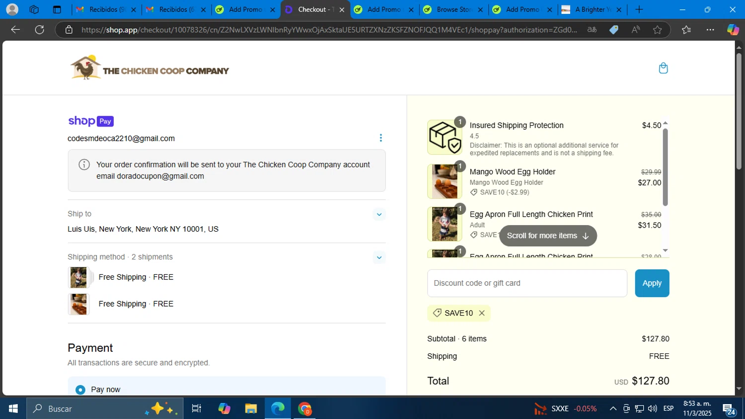 The Chicken Coop Company discount code screenshot showing code SAVE10 applied at The Chicken Coop Company checkout page. Uploaded by SimplyCodes community member Mdeoca on Mar 11, 2025