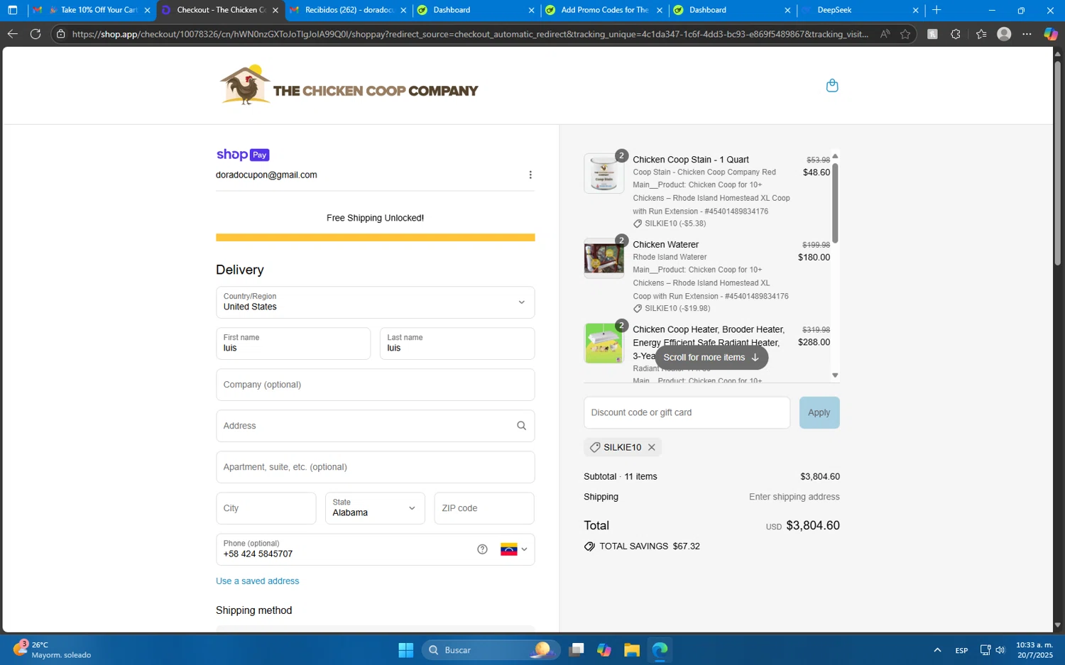 The Chicken Coop Company discount code screenshot showing code silkie10 applied at The Chicken Coop Company checkout page. Uploaded by SimplyCodes community member Mdeoca on Jul 20, 2025