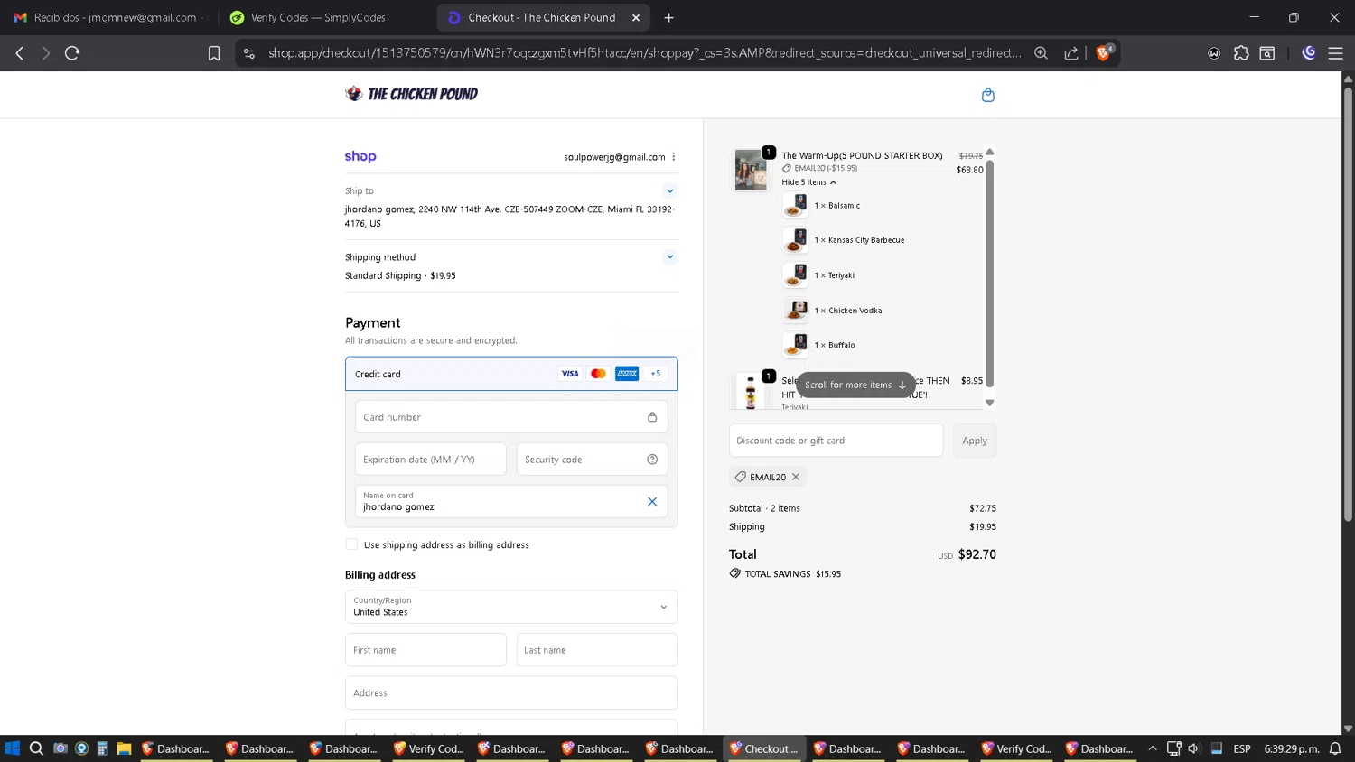 The Chicken Pound promo code screenshot showing code EMAIL20 applied at The Chicken Pound checkout page. Uploaded by SimplyCodes community member Amidamaru on Oct 7, 2025