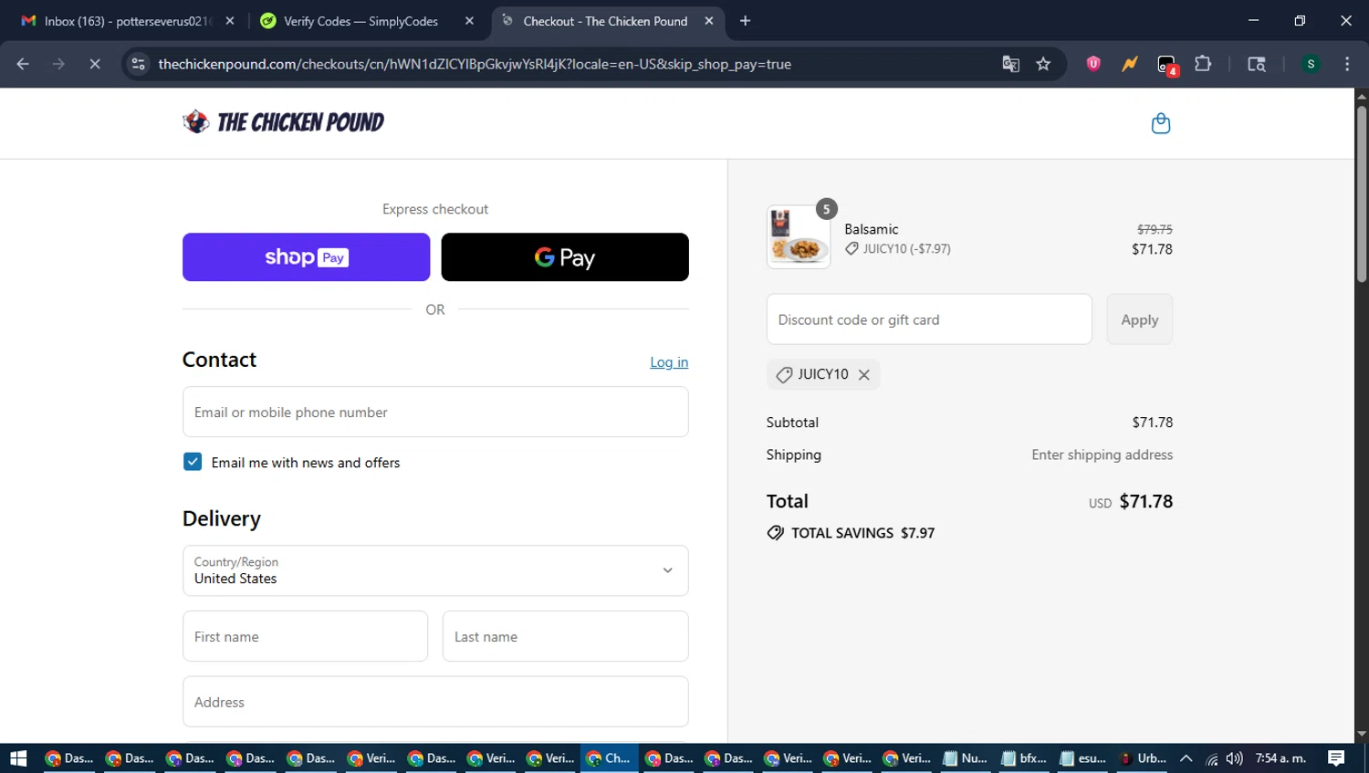 The Chicken Pound promo code screenshot showing code JUICY10 applied at The Chicken Pound checkout page. Uploaded by SimplyCodes community member ShrewdAce7935 on Aug 10, 2025