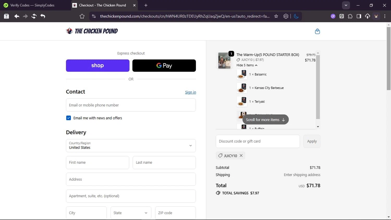 The Chicken Pound promo code screenshot showing code JUICY10 applied at The Chicken Pound checkout page. Uploaded by SimplyCodes community member Userr2 on Oct 24, 2025
