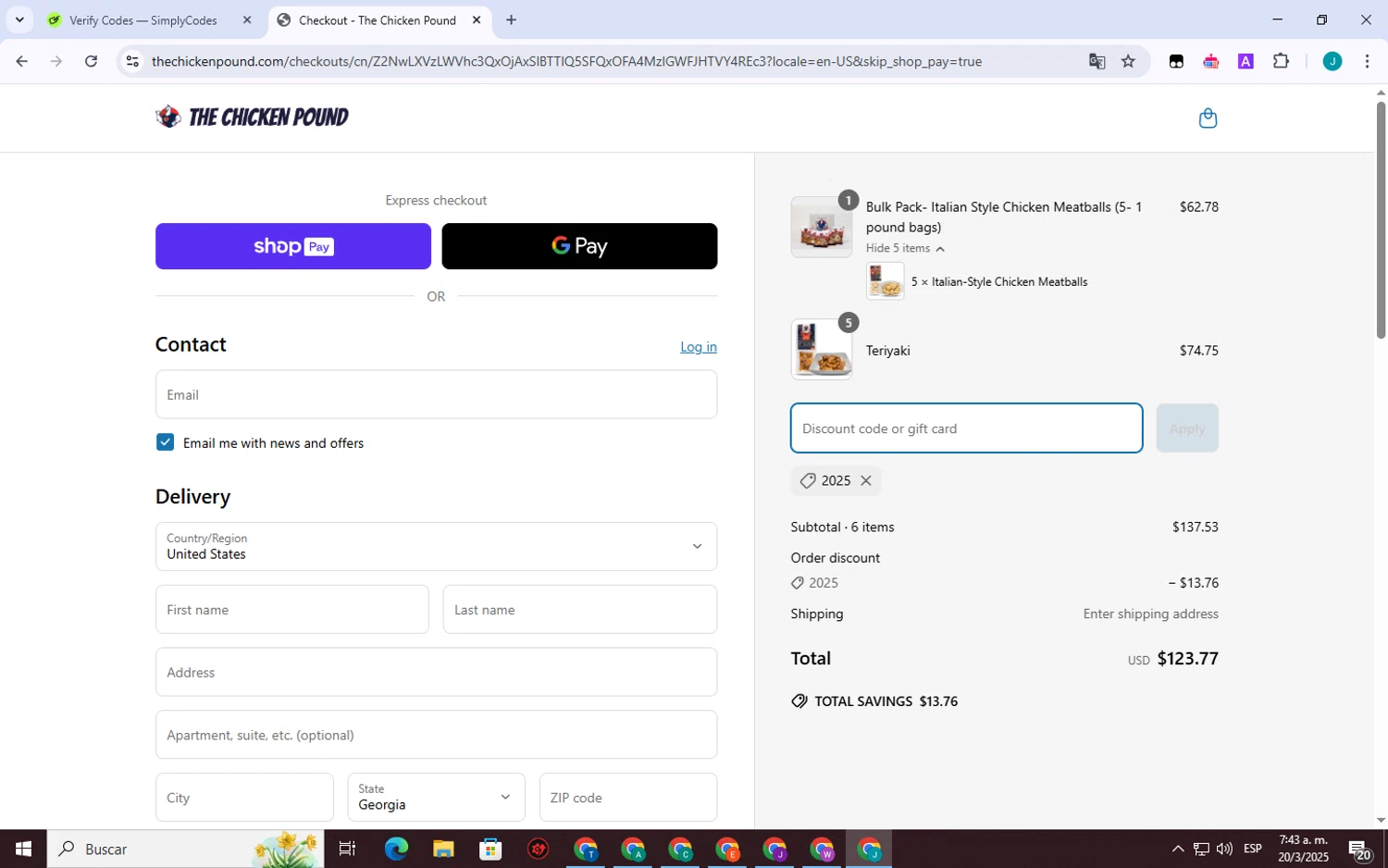 The Chicken Pound promo code screenshot showing code 2025 applied at The Chicken Pound checkout page. Uploaded by SimplyCodes community member VictoriousSpotter751 on Mar 20, 2025
