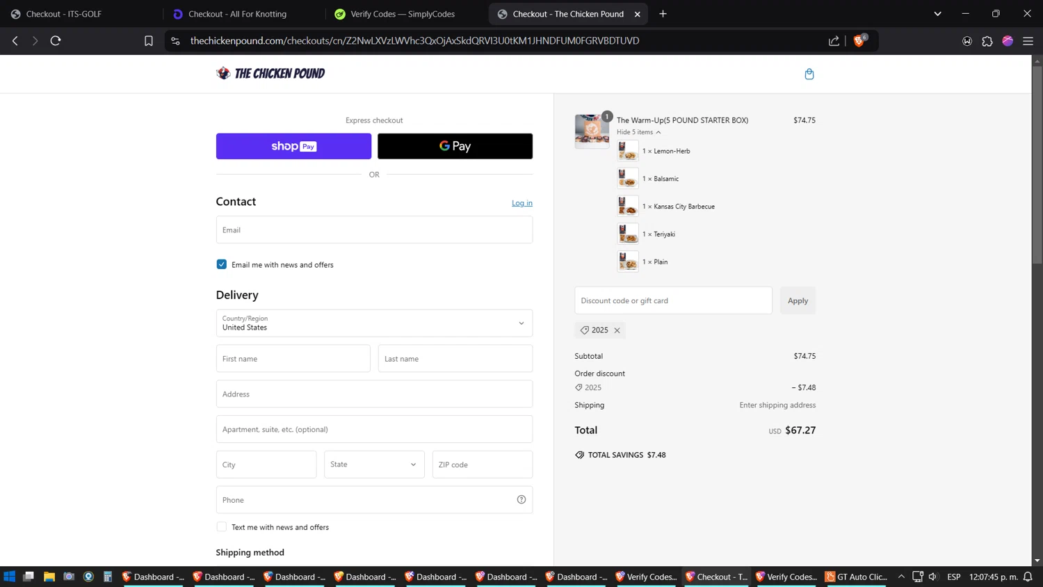The Chicken Pound promo code screenshot showing code 2025 applied at The Chicken Pound checkout page. Uploaded by SimplyCodes community member TreasureExpert3303 on Jan 3, 2025