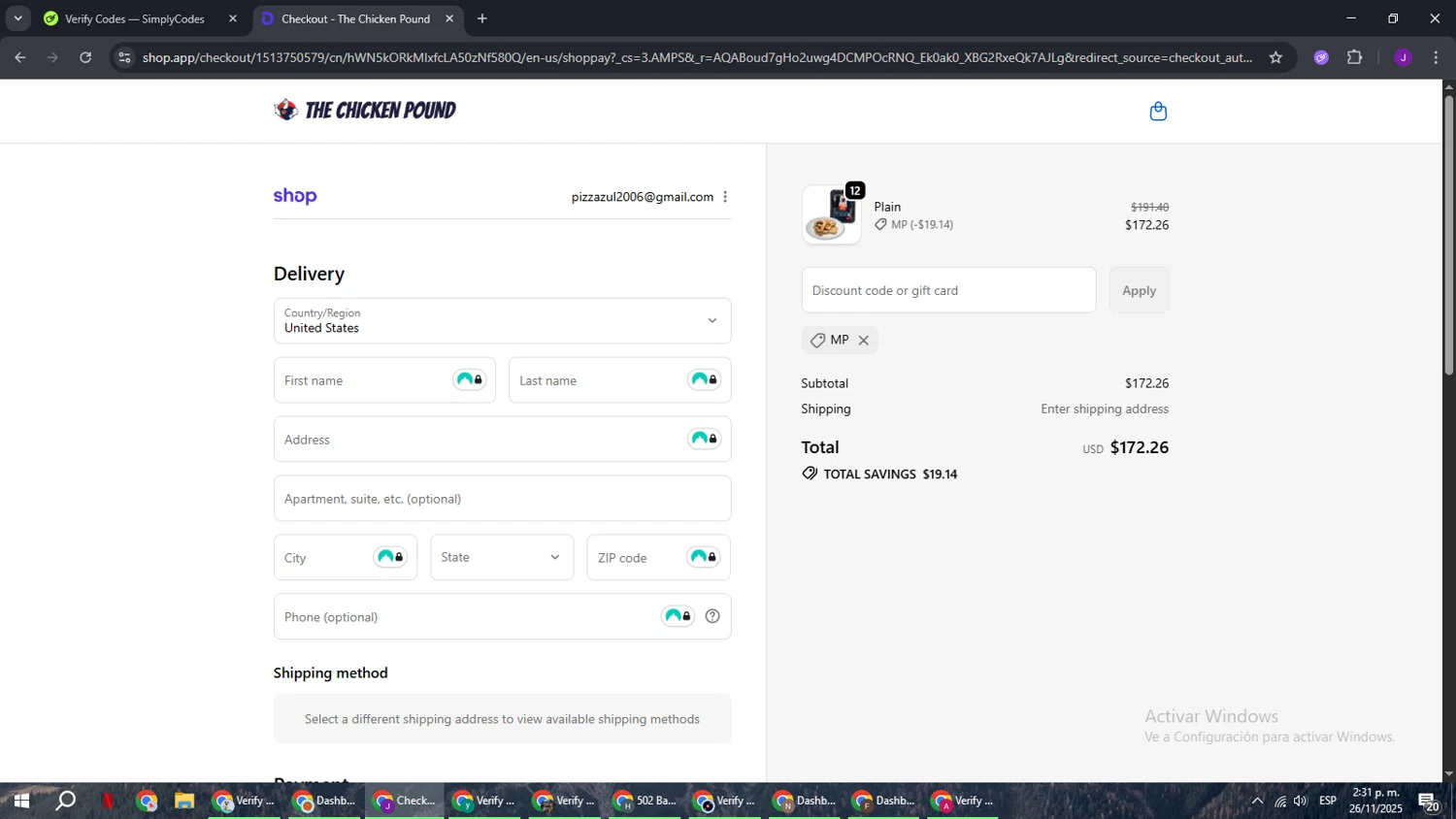 The Chicken Pound promo code screenshot showing code MP applied at The Chicken Pound checkout page. Uploaded by SimplyCodes community member ComeBurra123 on Nov 26, 2025