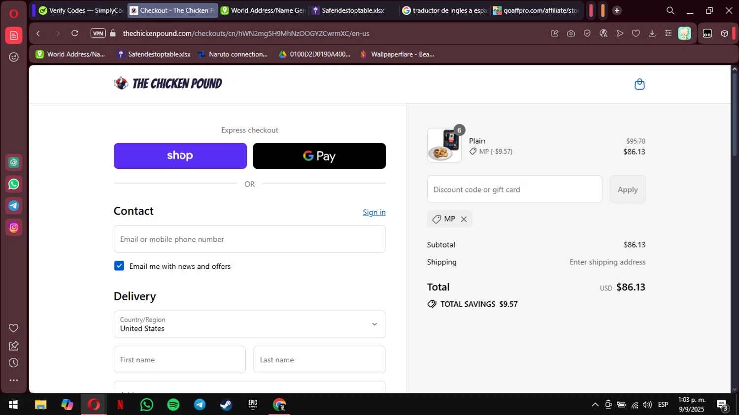 The Chicken Pound promo code screenshot showing code MP applied at The Chicken Pound checkout page. Uploaded by SimplyCodes community member MimusukyNara on Sep 9, 2025
